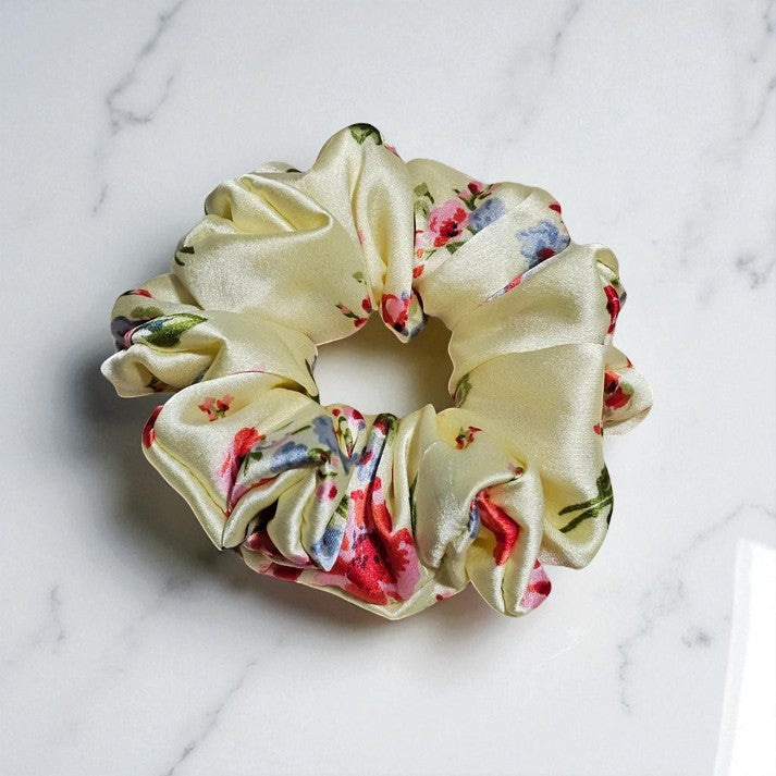 Cream Petals Printed Satin Scrunchie