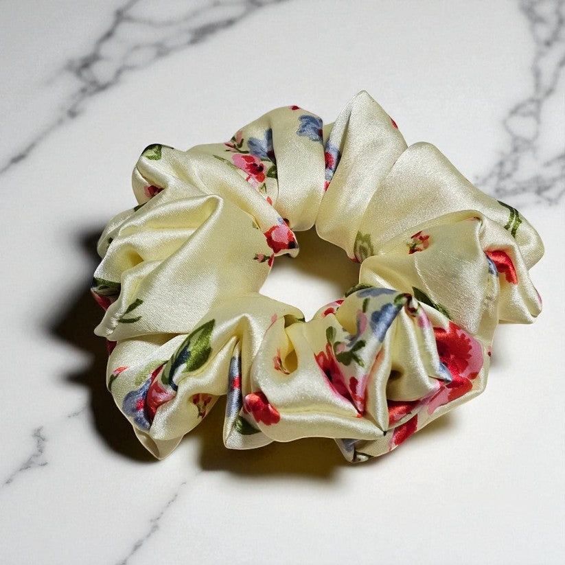 Cream Petals Printed Satin Scrunchie