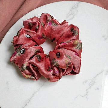 Crimson Petals Printed Satin Scrunchie