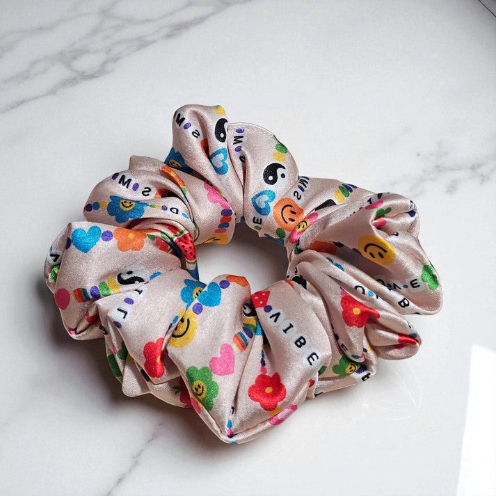 Peach Fiesta Printed Satin Scrunchie